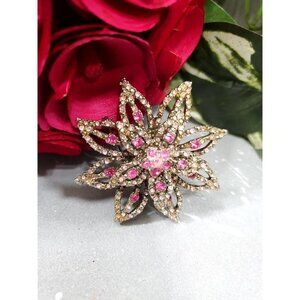 Vintage Pink Crystal Brooch Flower Rhinestone